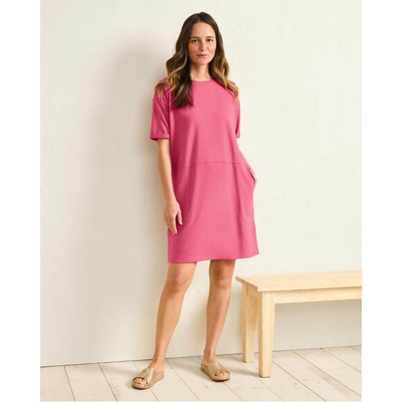 Eileen Fisher Organic Cotton Jersey Round Neck Boxy Fit Dress Pink Small Minimal - Picture 1 of 11